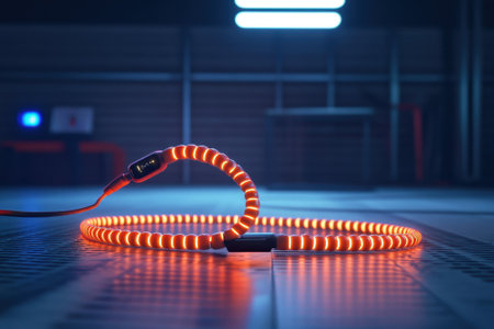 A bright orange spiral cable rests on a textured surface, illuminated in a dim industrial space.の写真素材