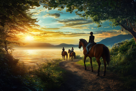 Riders on horseback enjoy a tranquil evening ride next to a lake as the sun sets behind the mountains.の写真素材