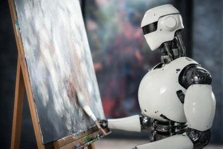 A futuristic robot focuses on painting a colorful canvas in an artistic studio atmosphere.の写真素材
