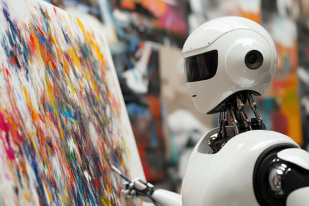 A robot artist paints a vibrant abstract artwork in a contemporary studio filled with colors.の写真素材