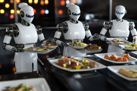 Three robotic servers deliver plates of food in a contemporary dining environment at night.の写真素材