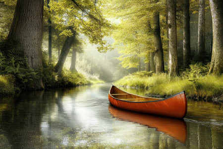 A bright orange canoe floats gently on a calm river, embraced by vibrant green trees and soft sunlight.の写真素材