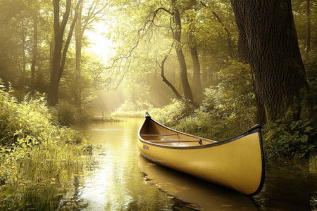 A yellow canoe floats calmly on a serene river, embraced by vibrant green trees.の写真素材
