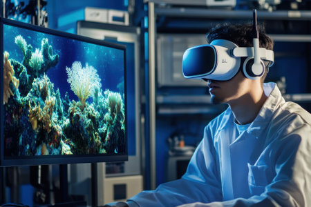 A user wearing virtual reality goggles engages with a digital representation of a coral reef in a lab.の写真素材