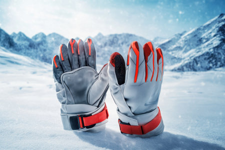 Gloves placed in the snow with a clear mountain range and bright blue sky in the background, highlighting winter.の写真素材