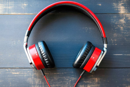 Bright red headphones positioned on a textured wooden surface, highlighting their modern design and craftsmanship.の写真素材