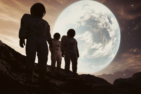 Three astronauts in space suits traverse a rocky terrain while a vast moon looms in the sky above.の写真素材