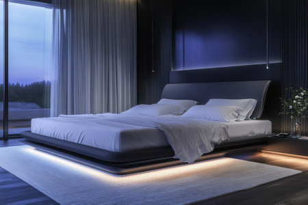 A contemporary bedroom showcases a spacious bed with soft linens, illuminated by gentle ambient lighting at dusk.の写真素材