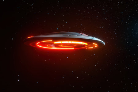 A futuristic flying saucer is suspended in the cosmos, emitting vibrant lights against the backdrop of stars.の写真素材