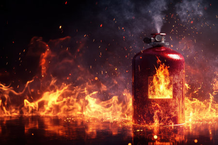 Bright flames and sparks surround a metal cylinder in a dramatic display of fire and heat during nighttime.の写真素材