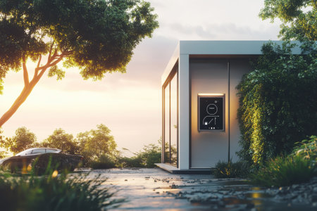 A sleek, modern house features a digital interface, surrounded by vibrant greenery and a tranquil sunset view.の写真素材