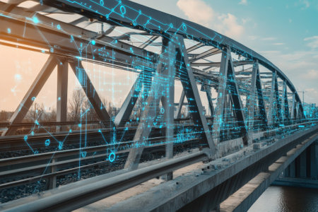 A steel bridge with digital elements illustrating technology's influence on urban infrastructure during sunset.の写真素材
