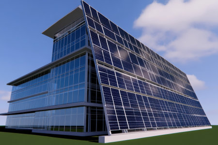 A sleek, modern architectural structure features solar panels on its facade, contributing to renewable energy.の写真素材