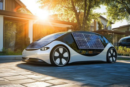 A sleek, futuristic solar-powered car is parked outside modern homes, bathed in golden evening sunlight.の写真素材