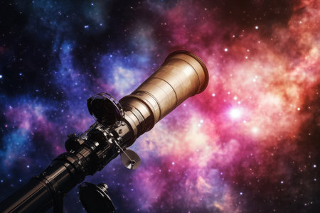 A telescope focuses on a colorful galaxy filled with stars and cosmic gases during the night.の写真素材