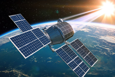 A satellite orbits Earth, harnessing sunlight with solar panels as the sun rises above the horizon.の写真素材