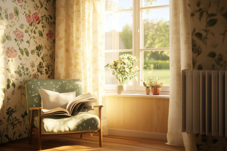 A small reading corner features a floral armchair, an open book, and sunlight pouring through the window.の写真素材
