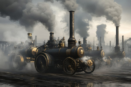 Large steam engines billow smoke while operating in a crowded industrial area during sunset.の写真素材