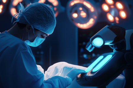 A dedicated healthcare worker examines samples under a microscope in a modern medical facility at night.の写真素材