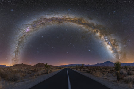 A breathtaking display of the Milky Way stretches across a clear night sky above an empty desert road.の写真素材