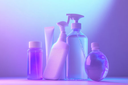 Cleaning and personal care products are beautifully arranged under soft purple lighting for a calming vibe.の写真素材