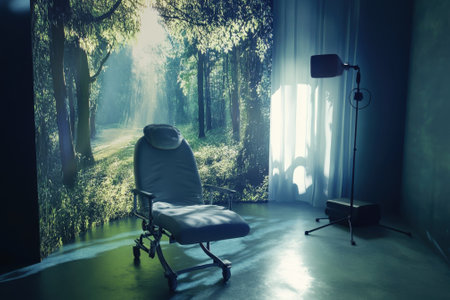 A serene therapy room features a comfy chair with a calming nature mural, inviting relaxation and peace.の写真素材