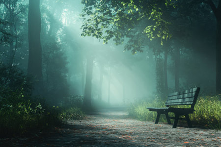 A serene pathway in a foggy forest features a wooden bench, inviting reflection amid nature's tranquility.の写真素材