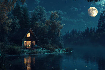 A picturesque cabin sits by a calm lake, illuminated by a bright full moon in a tranquil forest at night.の写真素材