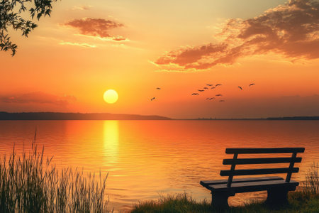A serene landscape features a vibrant sunset reflecting on a lake, with a bench and birds flying nearby.の写真素材