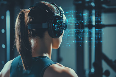A young woman focuses on her workout in a gym, wearing advanced headphones that display digital data.の写真素材