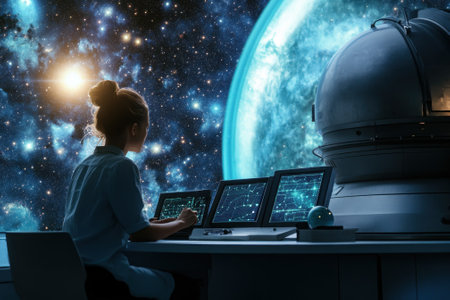 A scientist analyzes star charts and cosmic activity from a sleek observatory overlooking a galaxy.の写真素材
