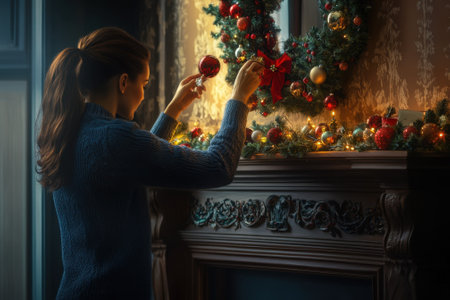 A woman carefully hangs an ornament on a beautifully adorned wreath above a coat decorated for winter.の写真素材