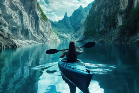A person kayaks on calm waters, framed by towering mountains and lush greenery under a clear sky.の写真素材