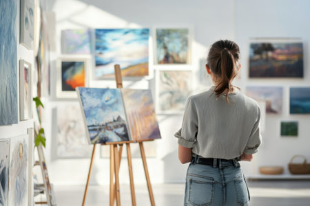 A person observes various artworks displayed in a well-lit gallery, appreciating the creativity and colors.の写真素材