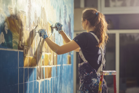 A talented artist stands on a ladder, skillfully painting a colorful mural inside a modern studio with natural light.の写真素材