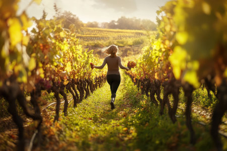 A woman with flowing hair enjoys a carefree run among grapevines on a bright autumn day, surrounded by nature.の写真素材