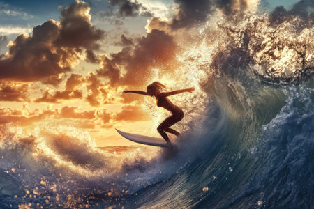 A surfer skillfully balances on a surfboard while riding a large wave under a stunning sunset sky.の写真素材