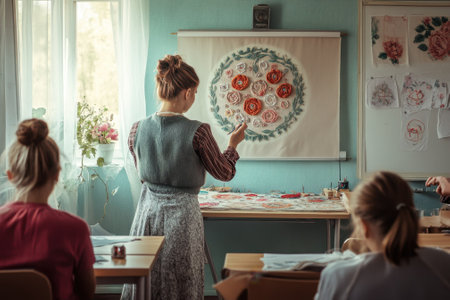 A group of students attentively practices embroidery as an instructor demonstrates techniques in a vibrant classroom.の写真素材
