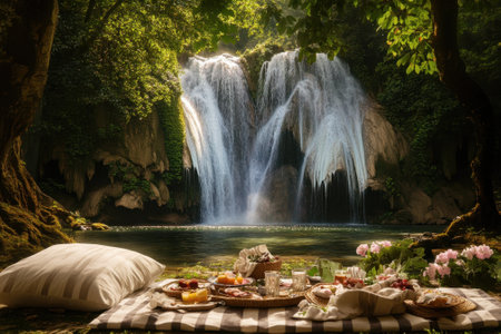A cozy picnic is set near a stunning waterfall, enveloped by vibrant trees and flowers in a tranquil setting.の写真素材