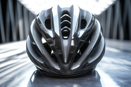 A detailed view of a modern bicycle helmet placed on a reflective surface in a well-lit studio environment.の写真素材