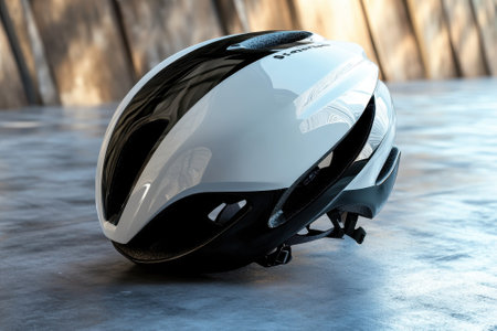 A sleek cycling helmet rests on a surface, showing its modern design and safety features in daylight.の写真素材