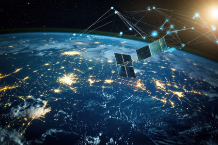 Satellites orbiting Earth illuminate city lights while facilitating global communication networks.の写真素材