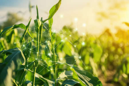 Advanced technology connects plants in a flourishing field, showcasing innovation in agriculture at dusk.の写真素材