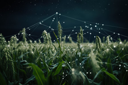Crops sway gently under a starry sky while digital connections illustrate the fusion of agriculture and technology.の写真素材