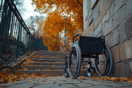 A black wheelchair rests against a stone wall at the base of a staircase surrounded by golden autumn leaves.の写真素材