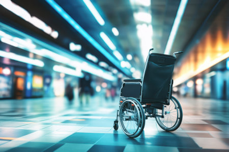 A wheelchair sits unattended in a bustling transportation area filled with blurred motion of people.の写真素材