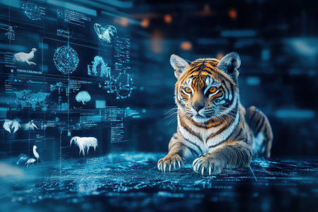 A tiger is depicted in a high-tech setting, surrounded by digital information and holograms about wildlife.の写真素材