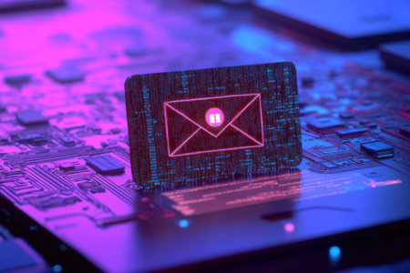 A glowing email icon is placed on a dark circuit board, showing digital communication at night.の写真素材