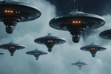 Several futuristic flying saucers are suspended in a cloudy sky, creating an intriguing and suspenseful atmosphere.の写真素材