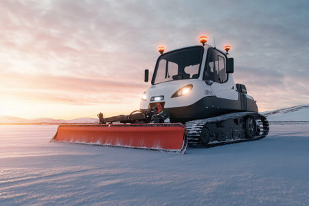 A snow groomer with a bright orange blade works on a winter landscape as the sun sets behind the mountains.の写真素材